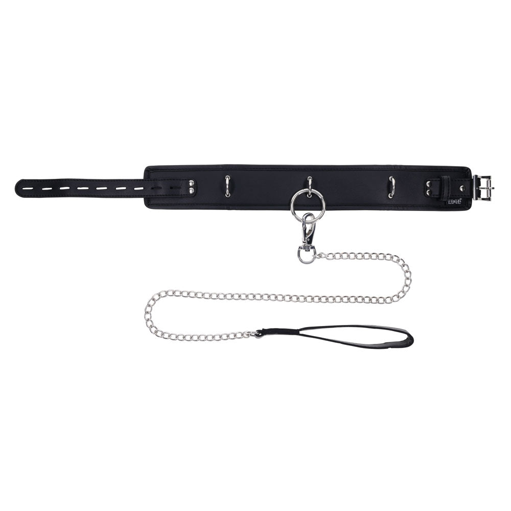 The EDGE Collar & Leash - Black Neck Restraint features a black faux leather collar with studs and a metal buckle, attached to a heavy-duty metal chain leash. This design includes extra loops and rings for versatile attachment, and it ends with a leather handle.