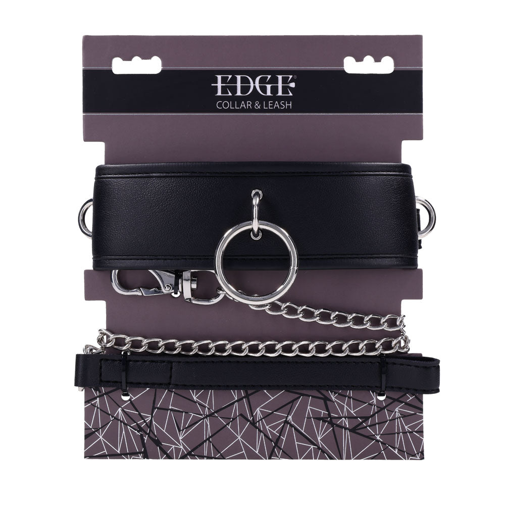 The EDGE Collar & Leash features a black padded leather collar with a large central silver ring. It includes a heavy-duty metal leash with clasp and comes in a stylish box with geometric patterns showcasing the EDGE brand.