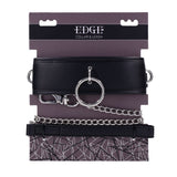 The EDGE Collar & Leash features a black padded leather collar with a large central silver ring. It includes a heavy-duty metal leash with clasp and comes in a stylish box with geometric patterns showcasing the EDGE brand.