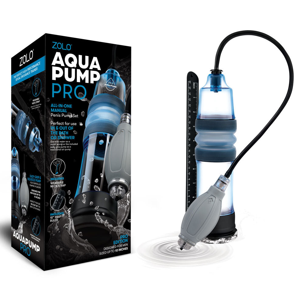 The Zolo Aquapump Pro - Blue Water Penis Pump features sleek packaging with water-themed design and blue accents. The transparent manual pump includes black details, a squeeze bulb, and a side measuring gauge, all engineered for ease of use with a waterproof design.