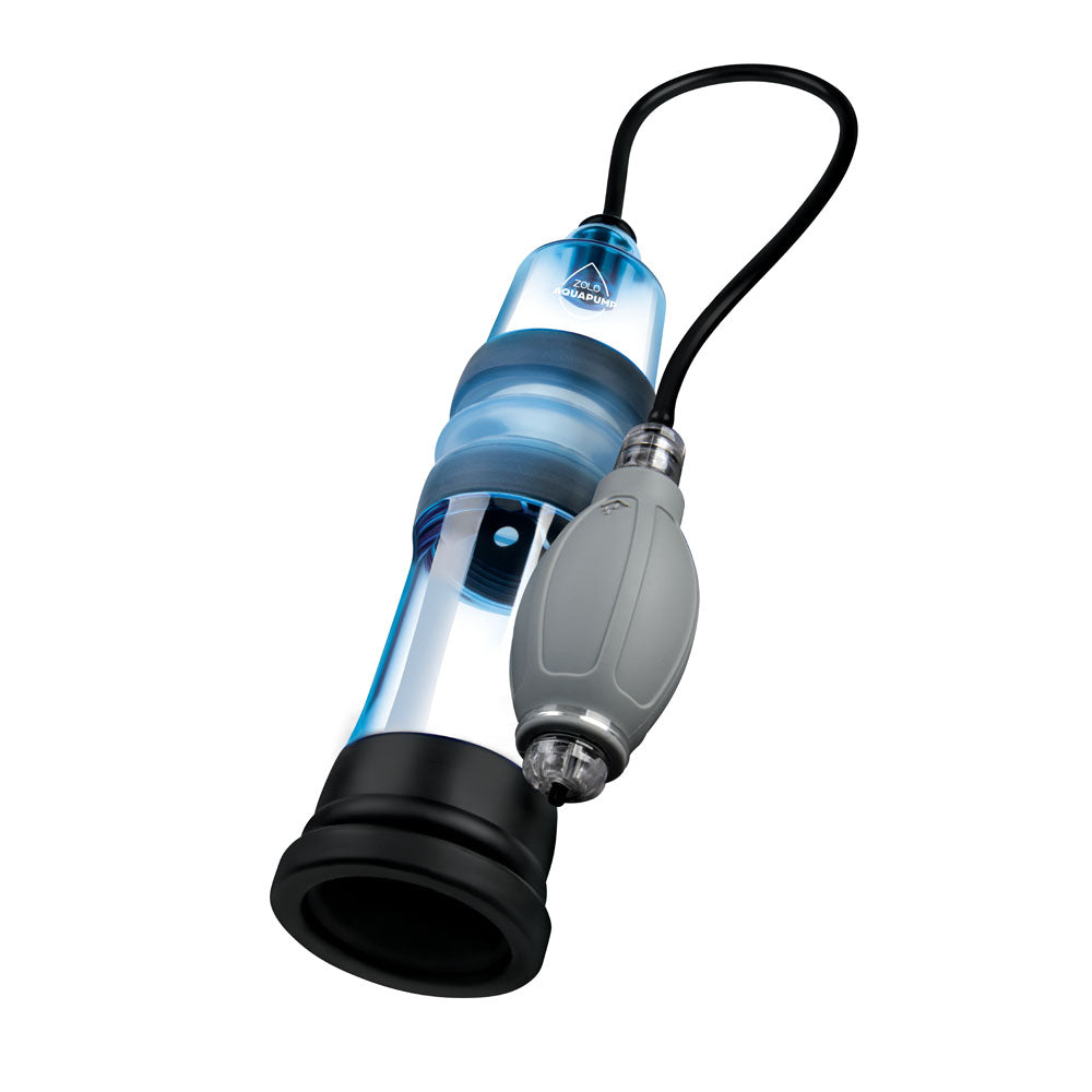 The Zolo Aquapump Pro - Blue Water Penis Pump features transparent cylindrical design with black end caps, blue center accents, and a flexible black hose attached to a gray manual pump. Its sleek, modern waterproof build ensures efficient filtration embodying the innovative spirit of Aquamira technology.
