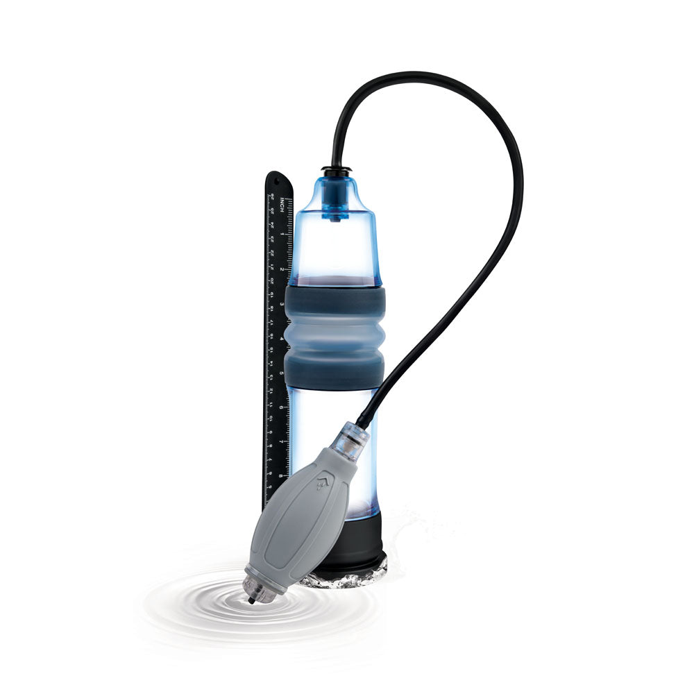 The Zolo Aquapump Pro - Blue Water Penis Pump features a clear blue chamber with a black ruler for precision, a flexible textured center, and a long black hose attached to a gray manual pump. Its waterproof design lets you see splashing water at the base during use.