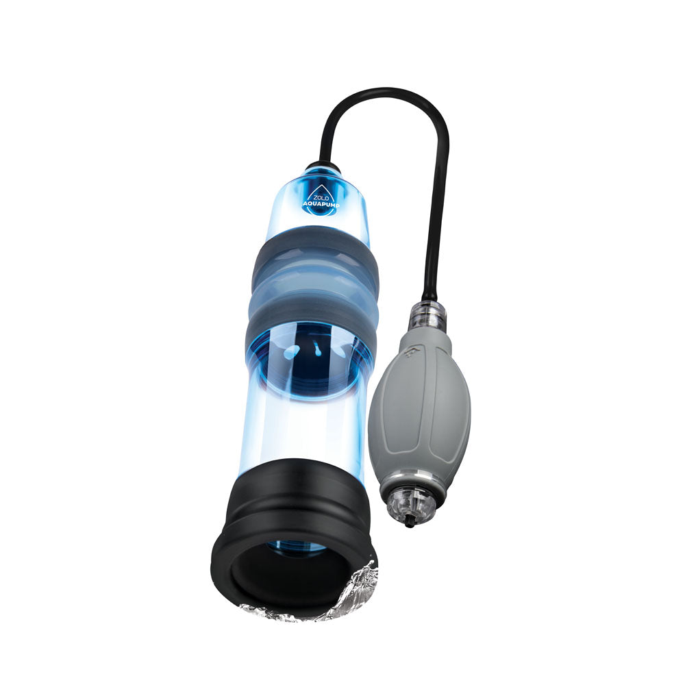 Introducing the Zolo Aquapump Pro - Blue Water Penis Pump: a transparent, blue-tinted cylindrical pump with a waterproof design. It has a flexible black base, gray hand pump, and metallic tip connected by a black tube, angled against a white background with its logo displayed.