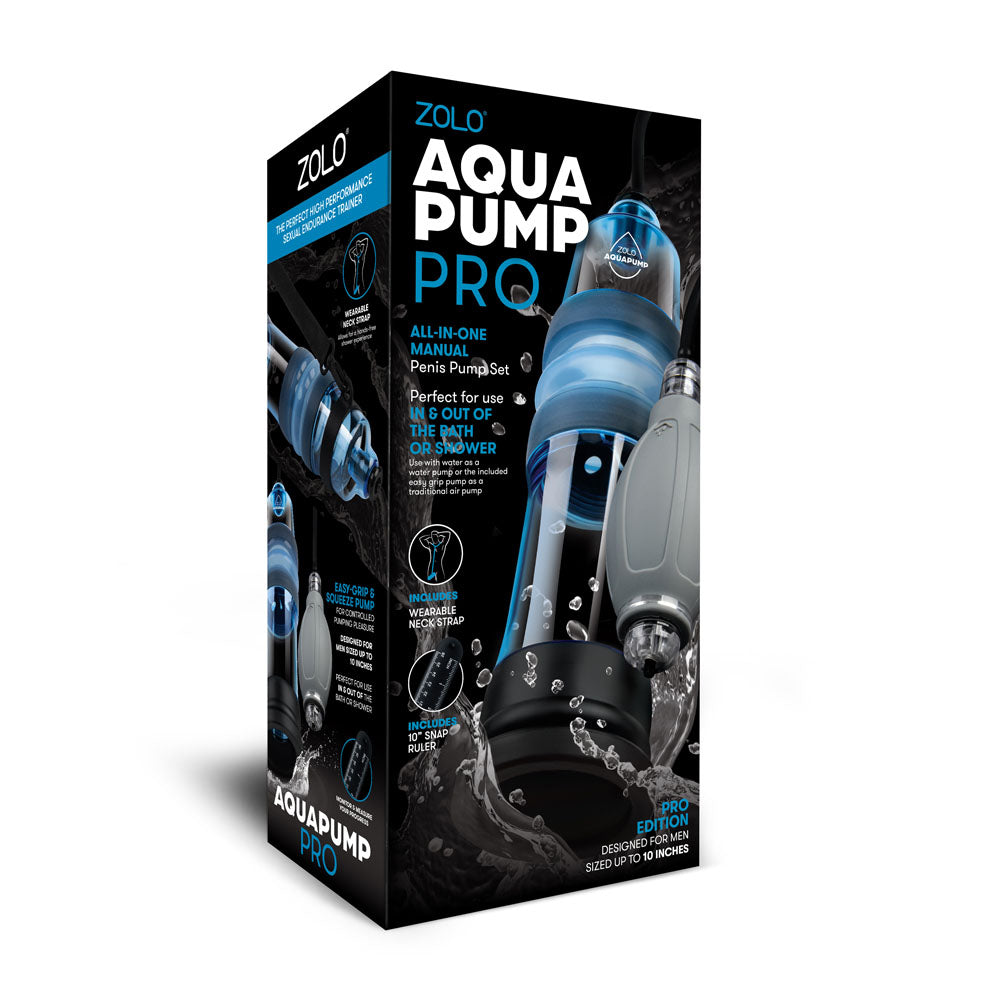 Explore the Zolo Aquapump Pro - Blue Water Penis Pump, featuring a waterproof design and chic packaging with splash graphics in blue and black. It includes an All-In-One Manual set, suitable for sizes up to 9 inches, and can be used in or out of water.