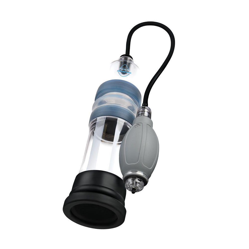 The Zolo Aquapump Compact - Clear Water Penis Pump features a transparent cylinder with a black rubber base and gray bands, a flexible black hose attached to a gray handheld pump, bulb-shaped textured grip, and silver connector. Its waterproof design ensures reliable use in wet conditions.
