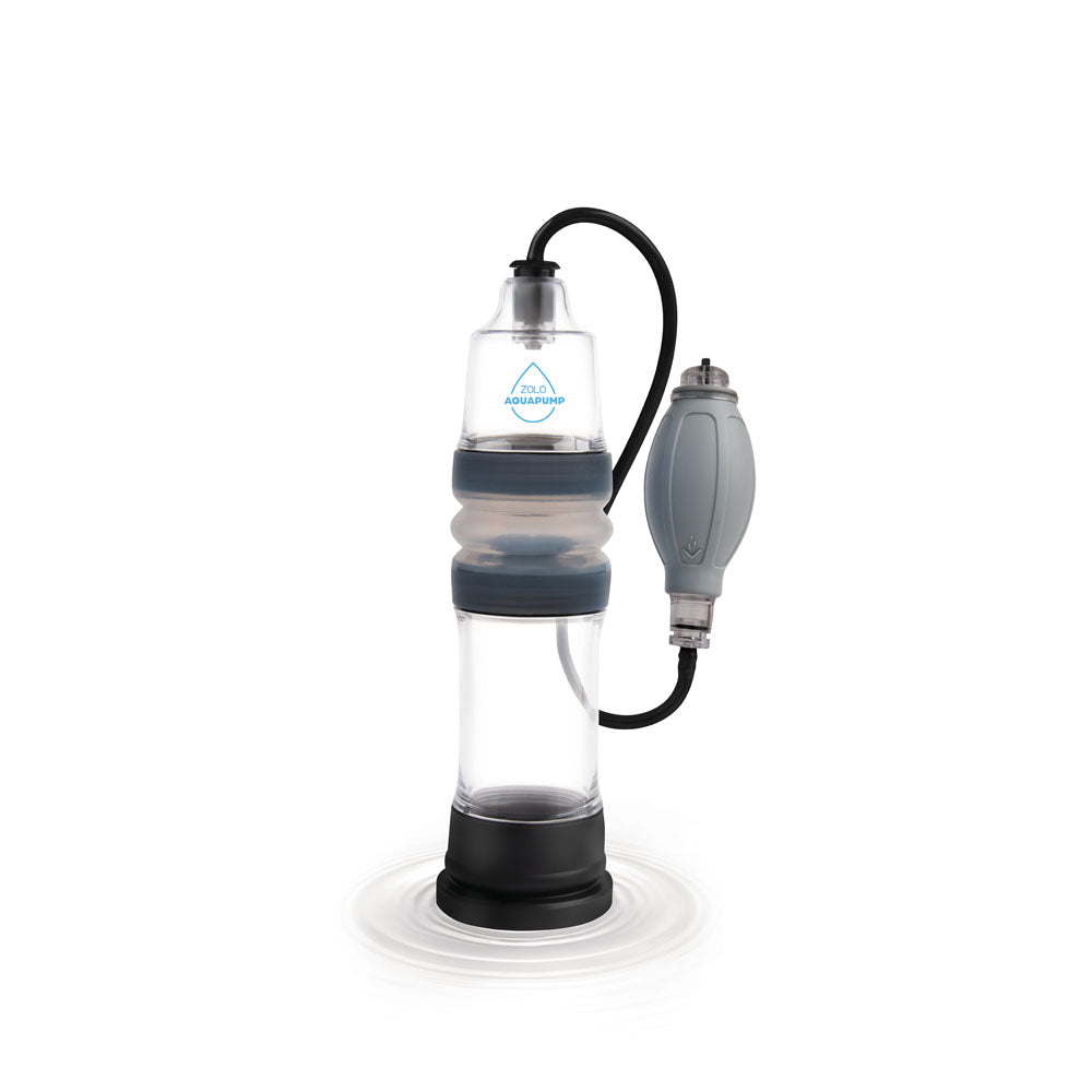 The Zolo Aquapump Compact - Clear Water Penis Pump is a transparent, manually operated water purification device. It includes a cylindrical container connected by a black hose to a gray hand pump. The brand logo is on top and its waterproof design ensures reliability on reflective surfaces.