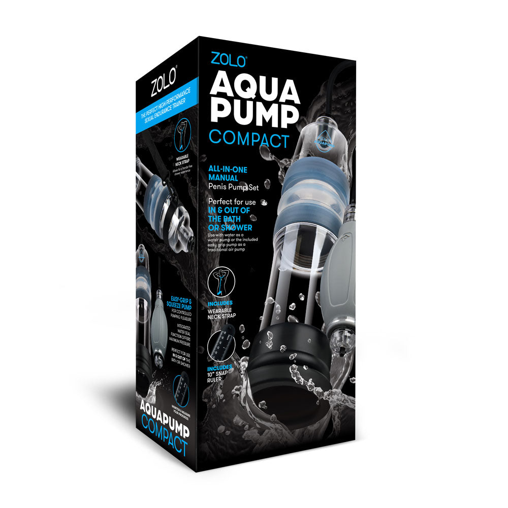 The Zolo Aquapump Compact - Clear Water Penis Pump packaging features images of the manual pump with labels like All-in-one, Perfect for use in or out of the bath or shower, and Waterproof design. Black and blue water splashes enhance its sleek, efficient look.