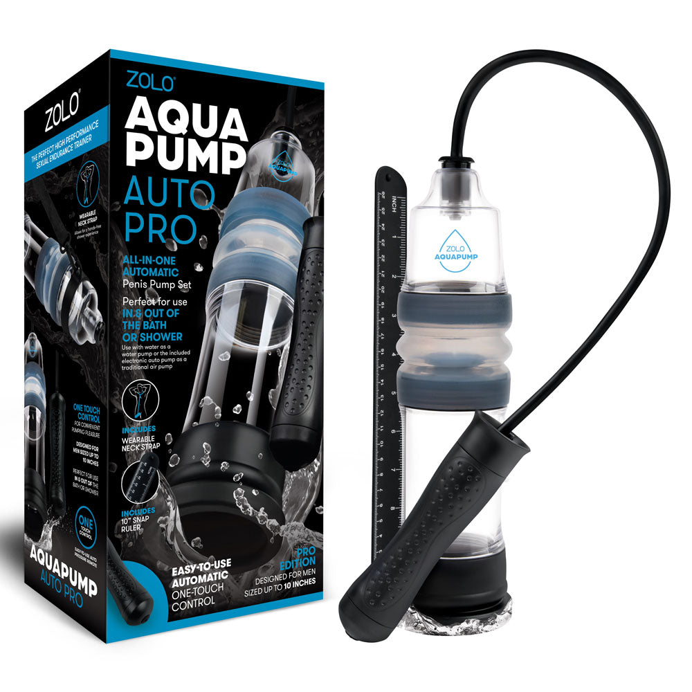 The Zolo Aquapump Auto Pro - Clear Auto Water Penis Pump features a sleek waterproof design with packaging that highlights product images and features. The device includes a clear cylinder, black handle, and flexible tube with measurement markings. It is designed for easy personal use with automatic adjustable settings.