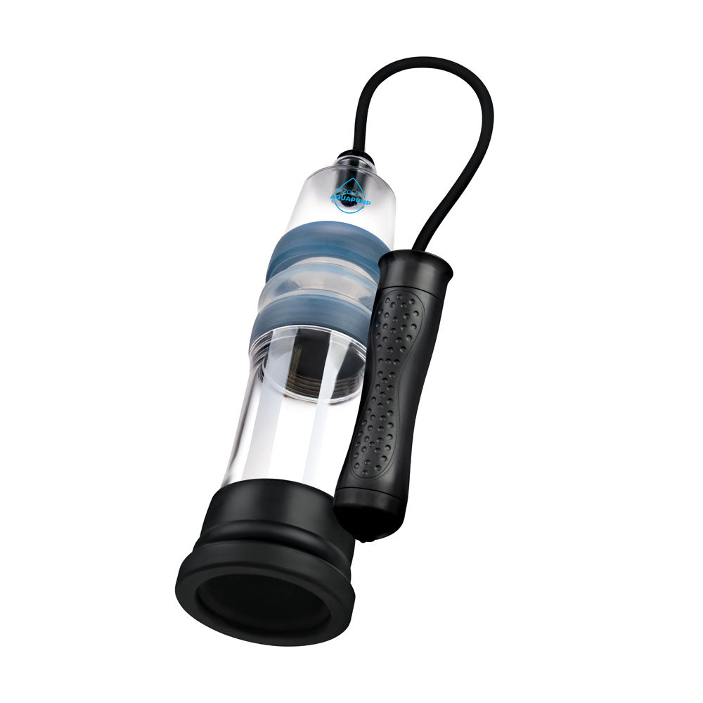 The Zolo Aquapump Auto Pro - Clear Auto Water Penis Pump features a transparent cylinder with black rubber ends, a pump mechanism, flexible black tube, and textured handle. The blue and white logo near the top emphasizes its waterproof reliability in any condition.