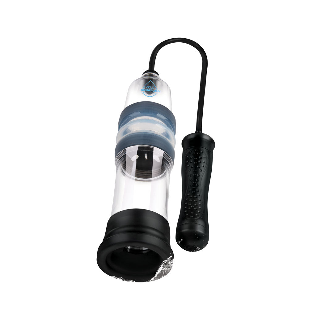 The Zolo Aquapump Auto Pro - Clear Auto Water Penis Pump is a transparent device with a black textured handle, flexible tube, blue and gray midsection rings, and a waterproof design that suggests manual operation similar to an Aquapump mechanism.