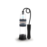 The Zolo Aquapump Auto Pro - Clear Auto Water Penis Pump boasts a transparent design with a black handle and tubing. Its cylindrical body features a flexible middle section and is equipped with a blue sealing ring near the top, enhanced by its waterproof construction on a circular black base.