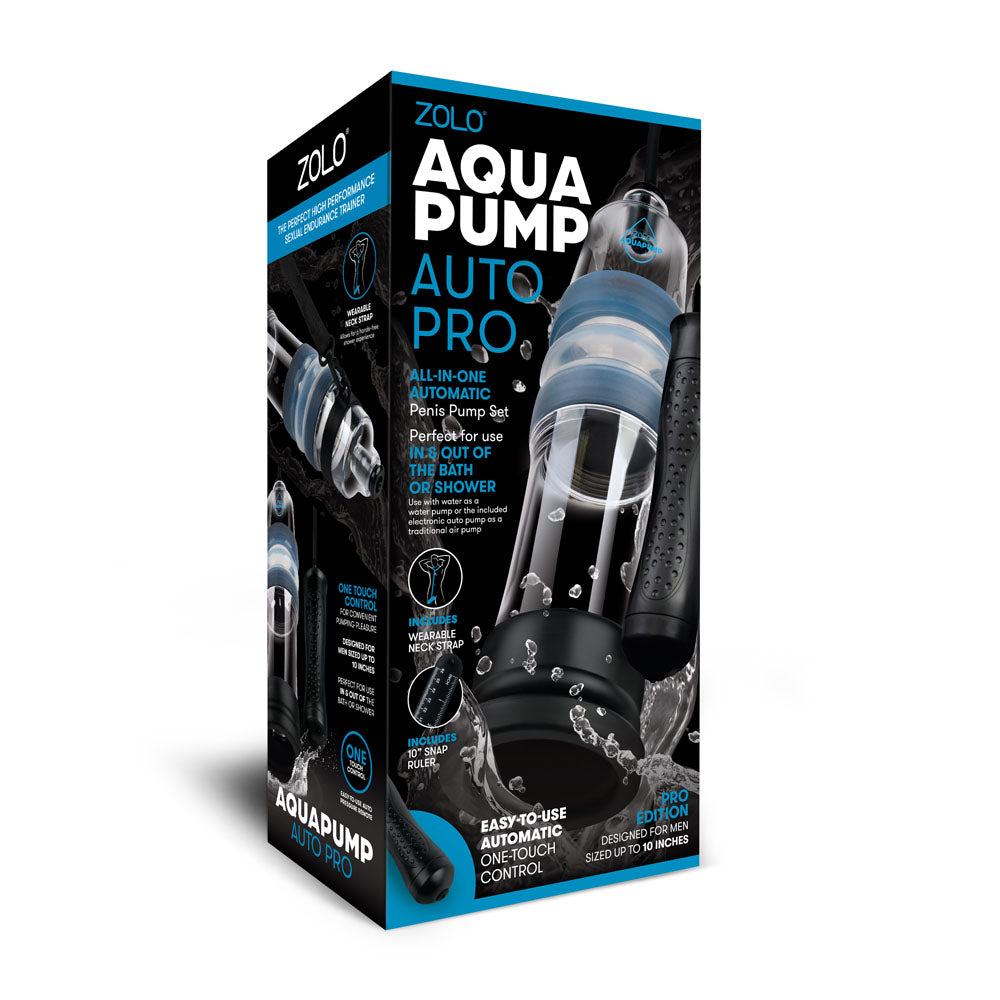 The image displays the packaging of the Zolo Aquapump Auto Pro, a sleek black and blue box featuring the clear auto water penis pump. With images of the device, it highlights features like automatic one-touch control and a waterproof design, all presented in a modern aesthetic.