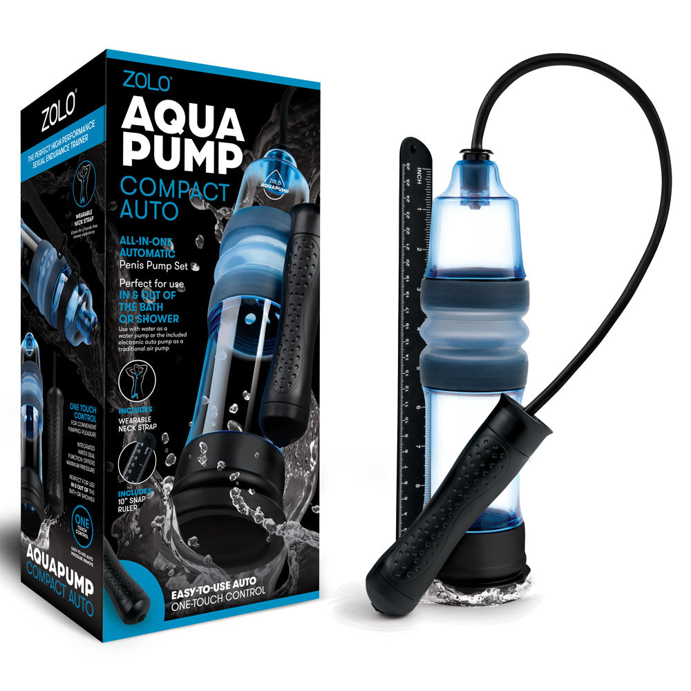 The image displays the Zolo Aquapump Compact Auto package with the product. The blue and black pump features a transparent chamber and textured handle for easy pressure control, with waterproof design on the box highlighting automatic functionality and user convenience.