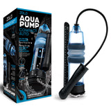The image displays the Zolo Aquapump Compact Auto package with the product. The blue and black pump features a transparent chamber and textured handle for easy pressure control, with waterproof design on the box highlighting automatic functionality and user convenience.