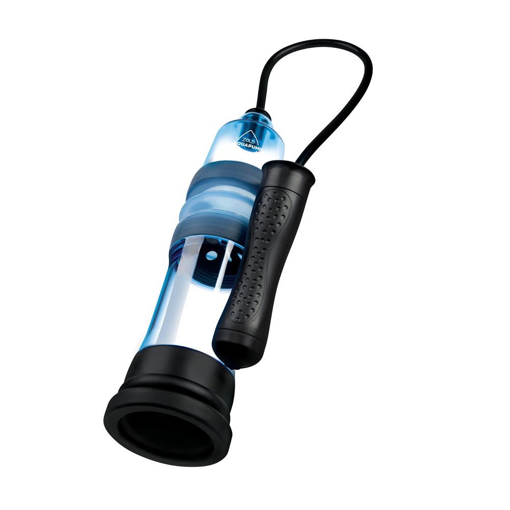 Meet the Zolo Aquapump Compact Auto in transparent blue and black. This waterproof vacuum pump offers effortless pressure control, a ribbed handle, a flexible strap, a tapered cylindrical shape with a black rubber seal, and a textured grip for easy handling.