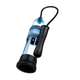 Meet the Zolo Aquapump Compact Auto in transparent blue and black. This waterproof vacuum pump offers effortless pressure control, a ribbed handle, a flexible strap, a tapered cylindrical shape with a black rubber seal, and a textured grip for easy handling.