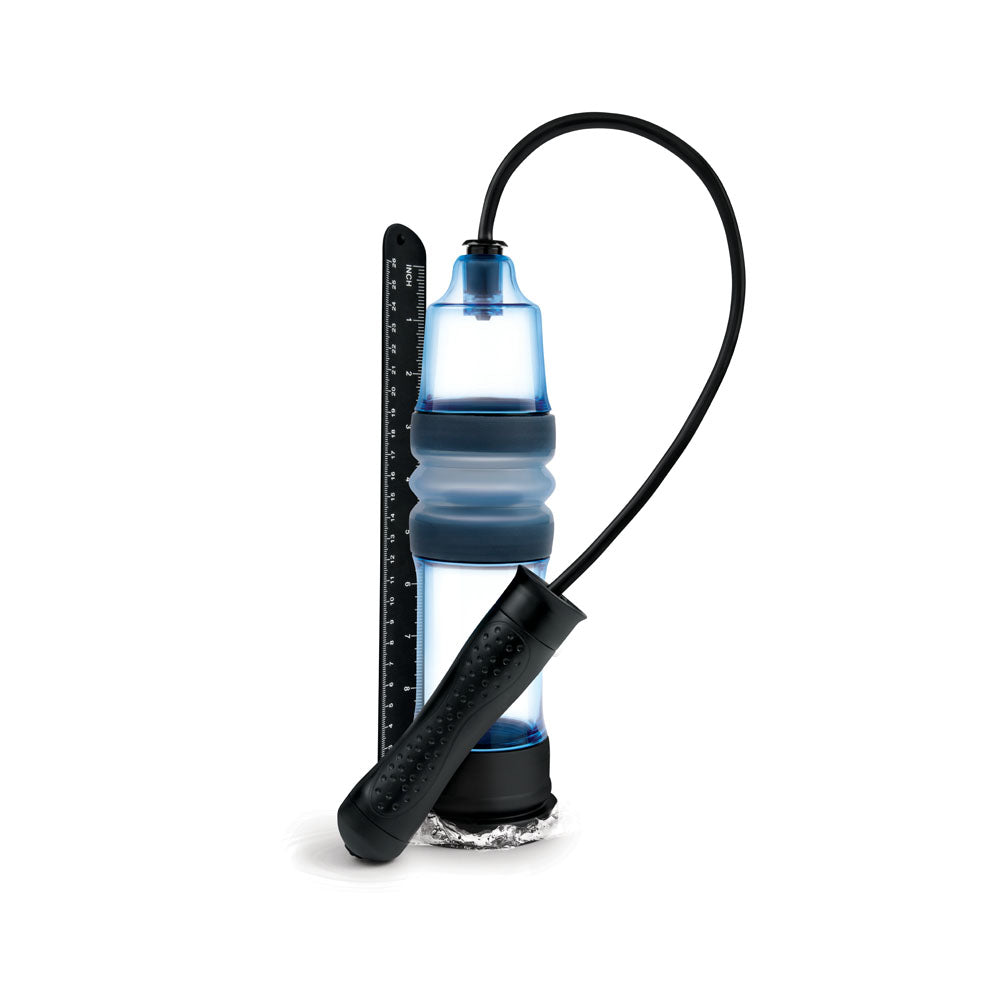 Introducing the Zolo Aquapump Compact Auto, a transparent blue and black handheld water penis pump with a waterproof design, textured grip, flexible hose, and cylindrical gauge with measurement markings. It features a ribbed body for easy pressure control and an attached ruler with white increments.