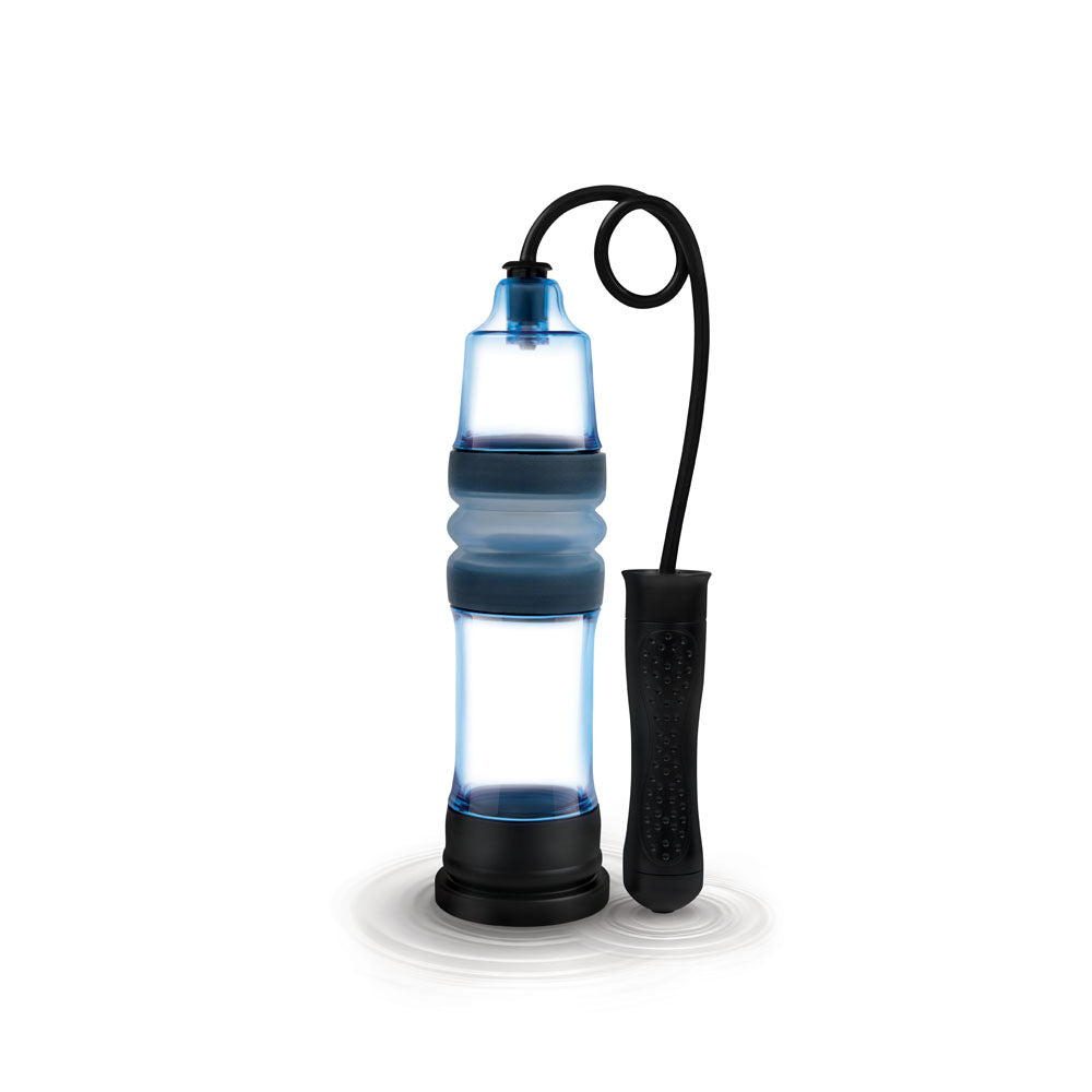 The Zolo Aquapump Compact Auto is a transparent blue cylinder with a sleek, modern look, featuring a black textured handle connected by a thin tube. Its waterproof design and wavy pattern sit on a black base, topped with a small nozzle for easy pressure control.