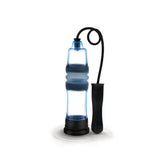 The Zolo Aquapump Compact Auto is a transparent blue cylinder with a sleek, modern look, featuring a black textured handle connected by a thin tube. Its waterproof design and wavy pattern sit on a black base, topped with a small nozzle for easy pressure control.