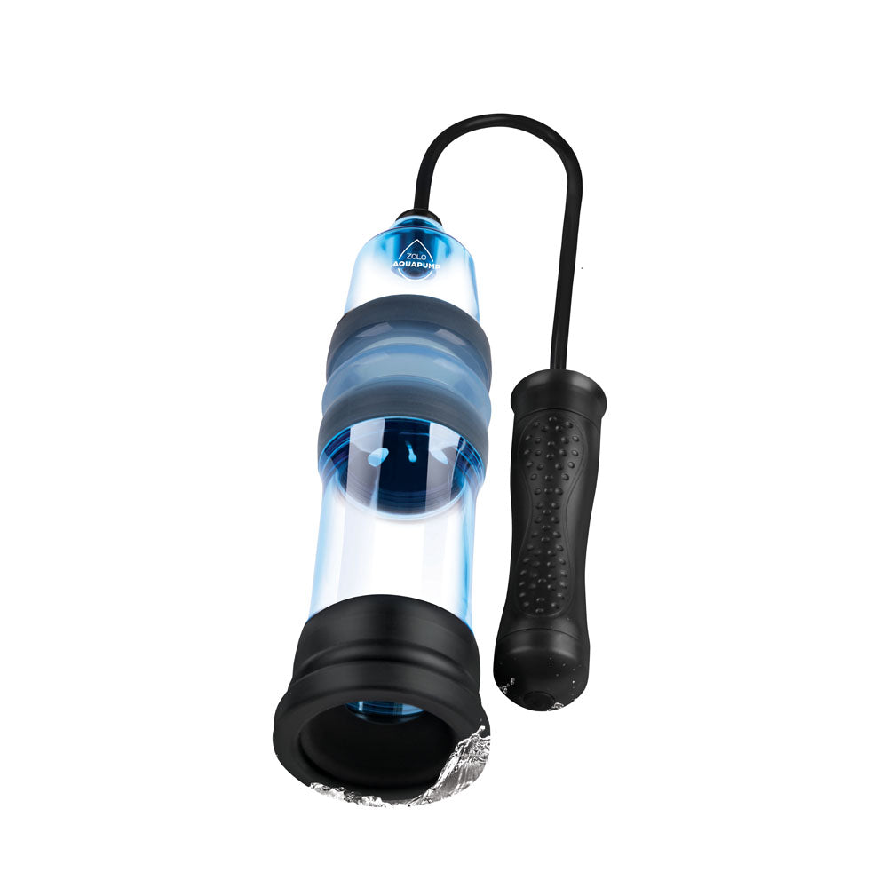 The Zolo Aquapump Compact Auto - Blue is a clear plastic cylindrical pump with black rubber accents and a hose attached to a textured handle, featuring waterproof design and effortless pressure control. A triangular logo with water droplets suggests its function as a vacuum or pressure tool.