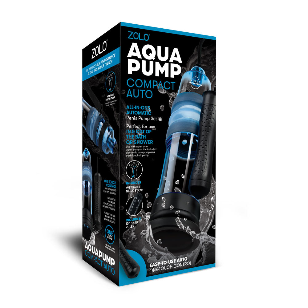 The image features the packaging for the Zolo Aquapump Compact Auto - Blue Auto Water Penis Pump. The front shows its name in bold white on black with images highlighting effortless pressure control, ease of use, a waterproof design, and auto one-touch shower control.