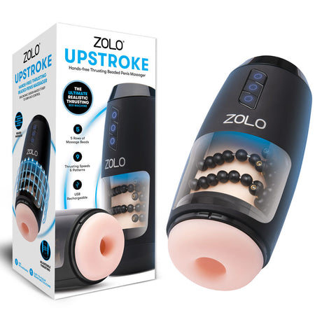 The image showcases the Zolo Upstroke - Flesh USB Rechargeable Auto Thrusting Masturbator, made from body-safe silicone. The sleek black device features stimulating beads and a soft pink top, highlighted for its multiple thrusting modes and rechargeable design.