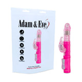 The image shows the Adam & Eve Eves First Thruster, a pink vibrator with rotating beads and a vibrating rabbit attachment, alongside its packaging. The packaging highlights its thrusting rabbit feature, 12 vibration modes, waterproof quality, and beginner-friendly design.