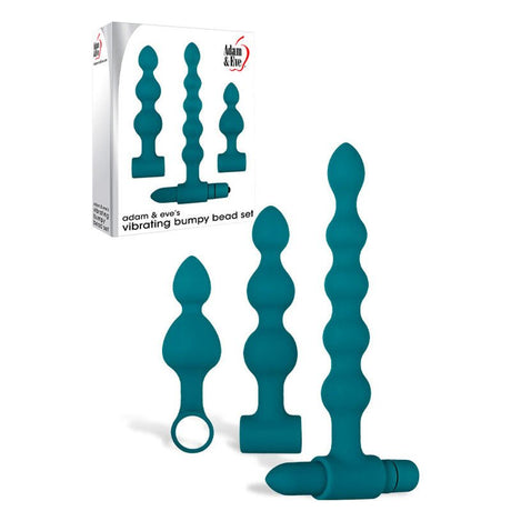 Three teal, beaded adult toys of varying sizes with smooth, bulbous shapes are displayed. The largest has a vibrating base like a 7-function bullet vibe. A box shows the brand Adam & Eve, featuring the Vibrating Bumpy Bead Set - Green Vibrating Anal Bead Set and an image of the items.