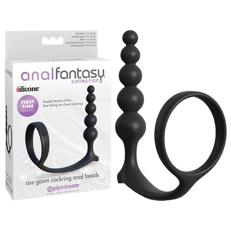 The Anal Fantasy Collection Ass-Gasm Cockring Anal Beads feature a black cock ring with a graduated anal plug, offering first-time-friendly prostate stimulation. The packaging highlights the smooth transition of bead sizes connected to the ring.