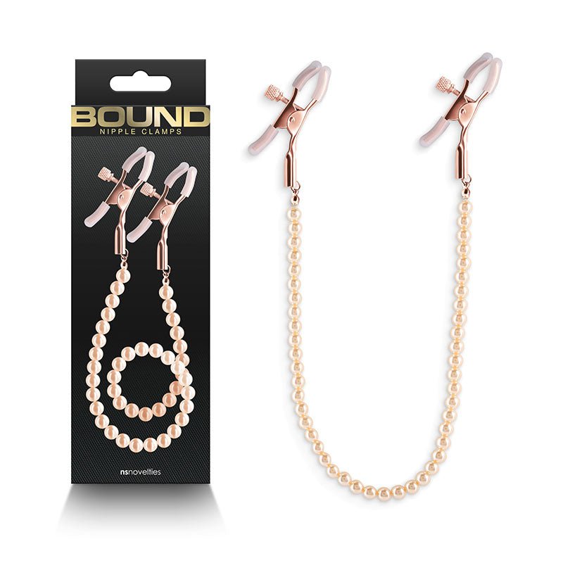 Buy Bound Nipple Clamps - DC1 - Rose Gold - Rose Gold Nipple Clamps with Gold Pearl Chain at NZ’s Mega Adult Toys Store. Discover premium sex toys with discreet shipping at the best price in NZ
