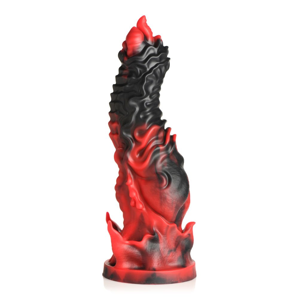 The Creature Cocks Mephisto - Red/Black 18.5 cm Fantasy Dildo is an asymmetrical, abstract sculpture in premium red and black silicone with a wide circular base and twisting, flame-like spiral design. It features sharp, flowing edges and a smooth, glossy finish.