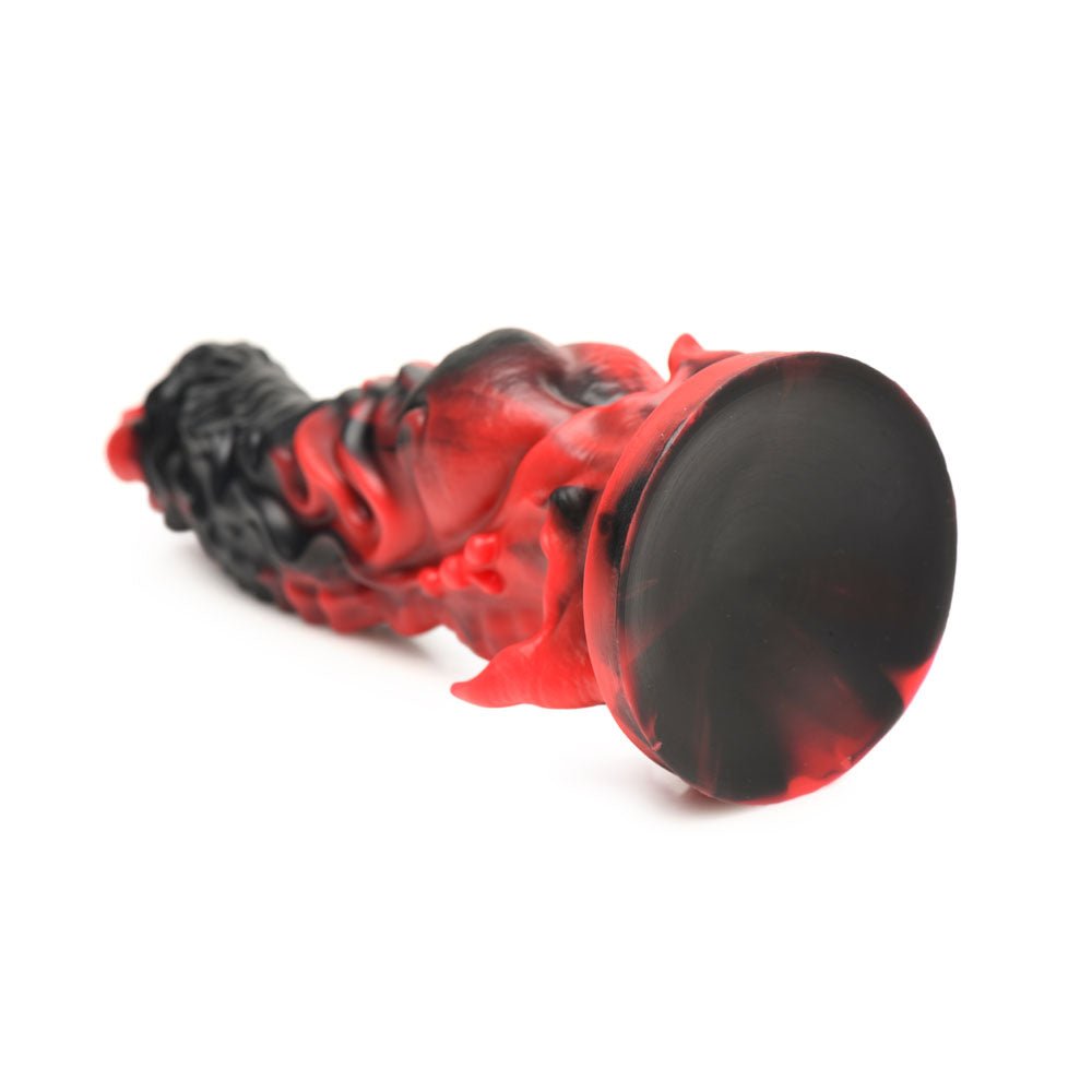 The Creature Cocks Mephisto fantasy dildo features a dragon-themed design with intricate textures and premium silicone. Its red and black hues enhance its mythical appearance, with detailed dragon scales on the upper portion contrasting against a smooth, circular base for a striking effect.