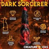 The Creature Cocks Mephisto fantasy dildo stands out with its dragon shape, red and black color, and strong suction base. It features premium silicone, is phthalate-free, has a unique texture, creature fantasy theme, and is strap-on harness compatible. Bold text highlights Dark Sorcerer.