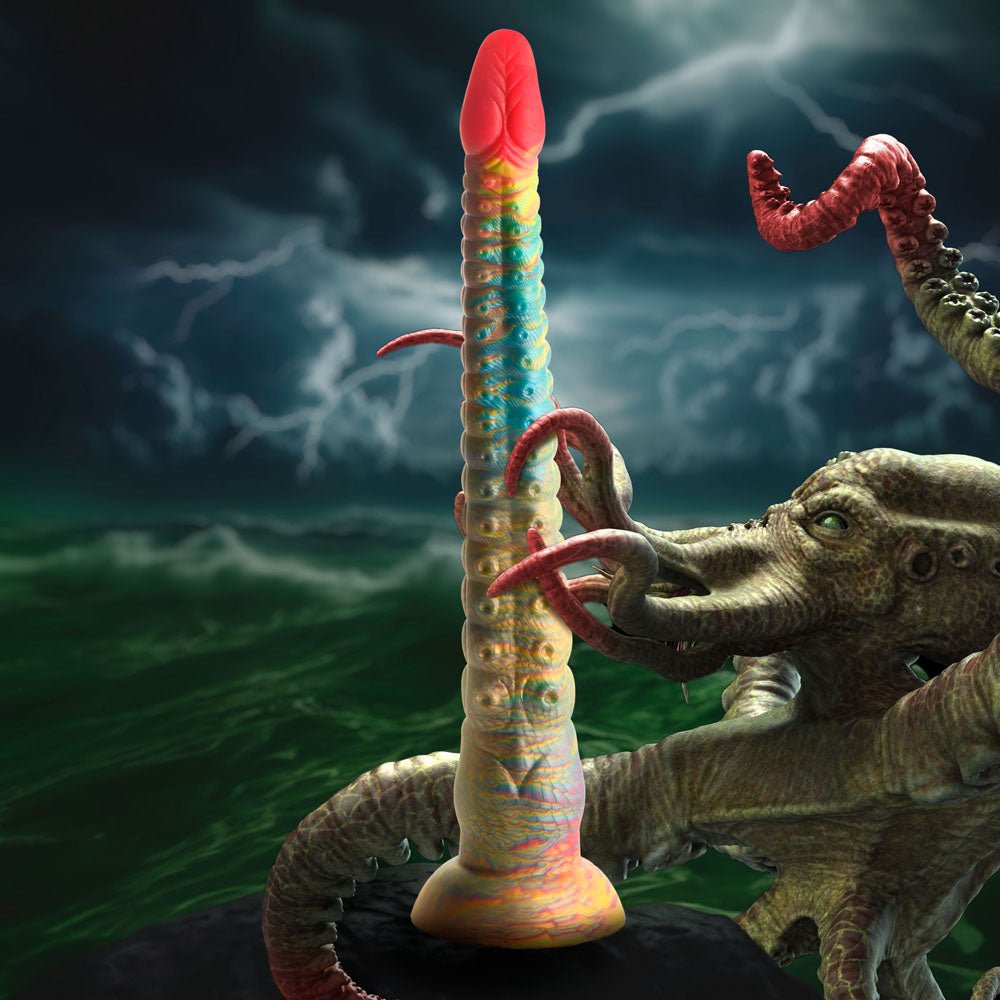 A surreal sea monster with tentacles wraps around a ribbed tower, resembling the multi-coloured Creature Cocks Tenta-Dick 32 cm Tentacle Fantasy Dildo. The stormy sea and dark clouds strike with lightning, enhancing the scenes dramatic and eerie atmosphere.