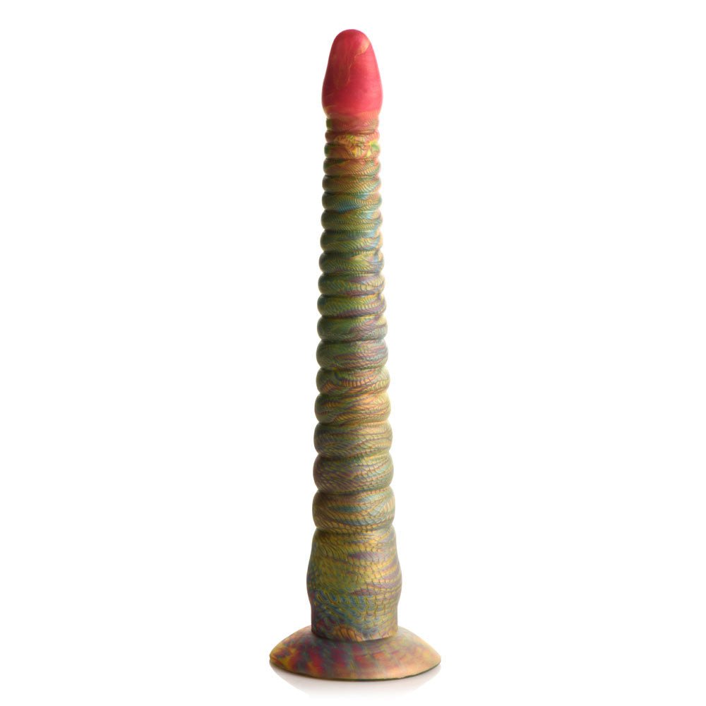 The Creature Cocks Tenta-Dick—an eye-catching multicolored, 32 cm tentacle fantasy dildo—boasts a spiral design, glossy red tip, and suction-cup base. Its green-blue-red gradient is visually striking, and its crafted from phthalate-free silicone for safety as well as allure.