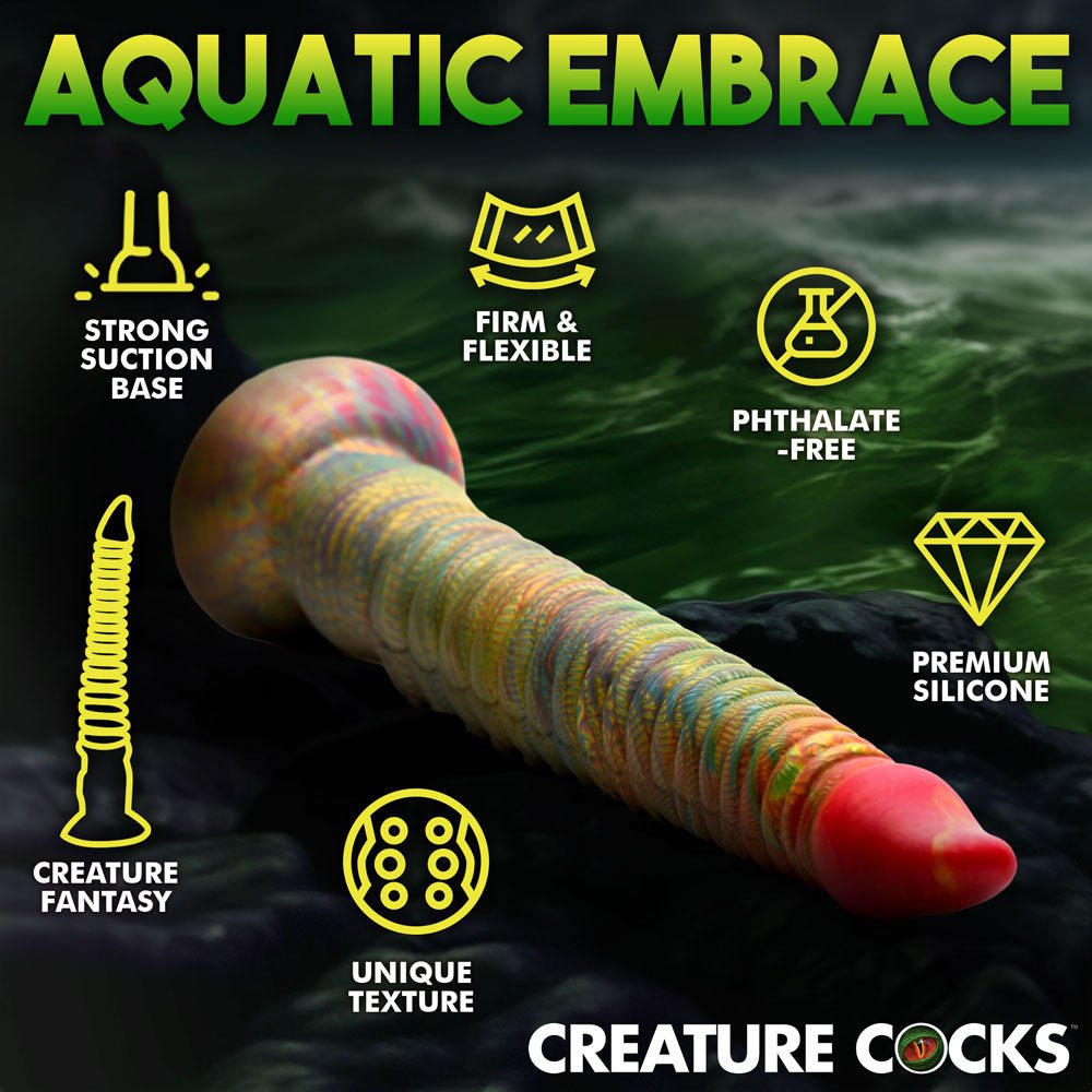 The Creature Cocks Tenta-Dick - Multi-Coloured 32 cm Tentacle Fantasy Dildo is displayed on a dark, watery background, featuring a strong suction-cup base, firm flexibility, phthalate-free silicone composition, unique texture, and creature fantasy design.