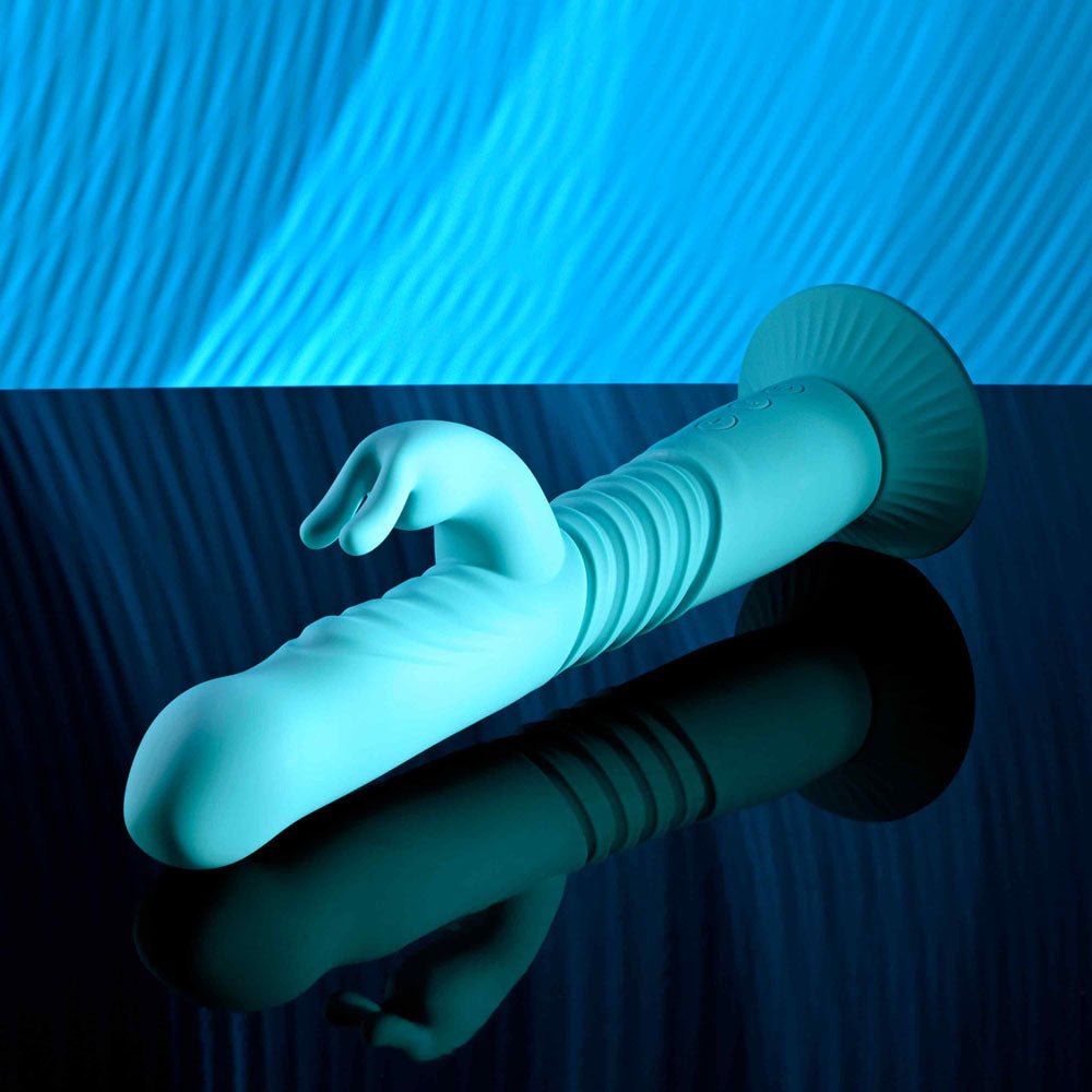 Buy Evolved BUNNY HOP - Teal 25.1 cm USB Rechargeable Thrusting Rabbit Vibrator with Suction Base at Oh Joy. Discover premium sexual toys with discreet shipping at the best price in NZ