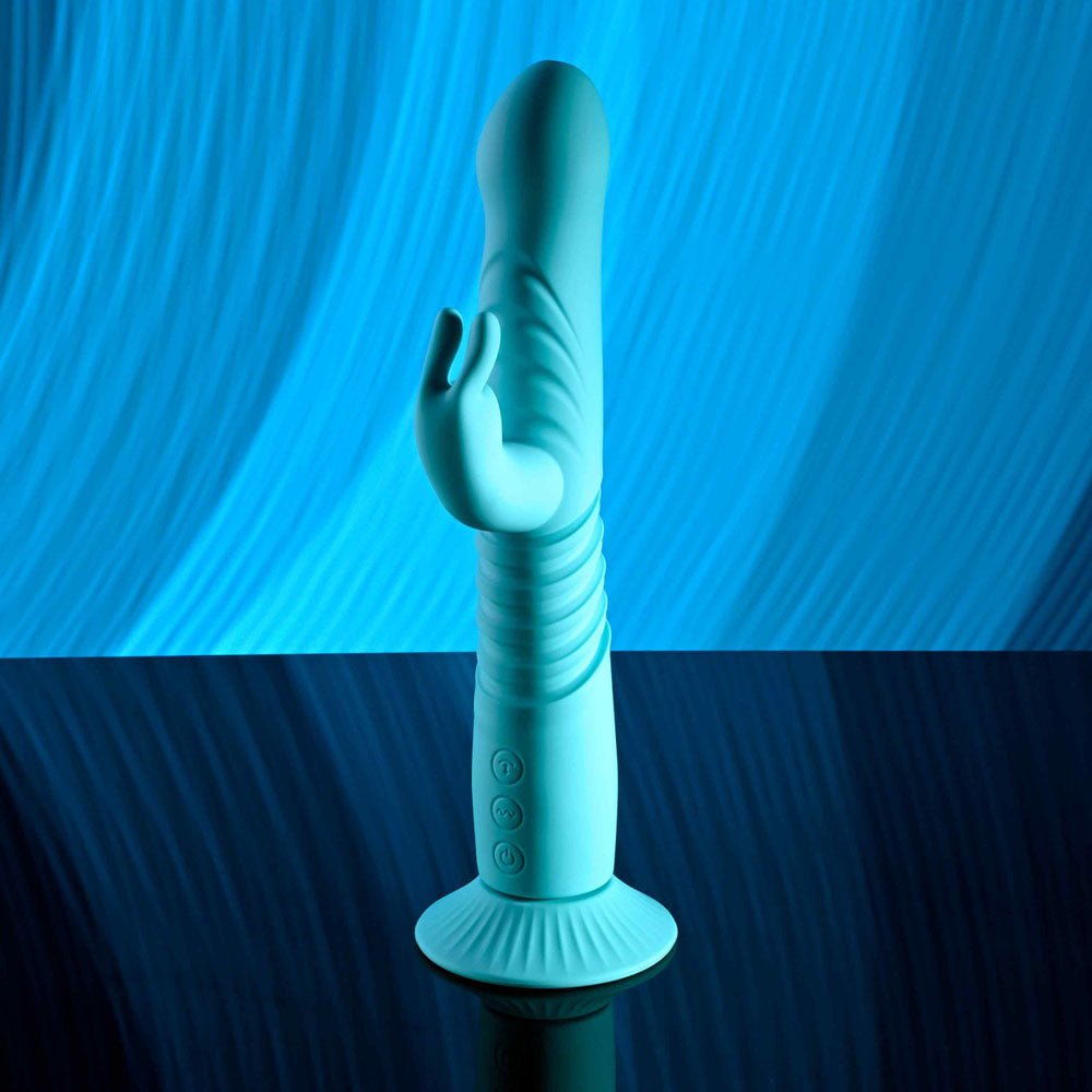 Buy Evolved BUNNY HOP - Teal 25.1 cm USB Rechargeable Thrusting Rabbit Vibrator with Suction Base at Oh Joy. Discover premium sexual toys with discreet shipping at the best price in NZ