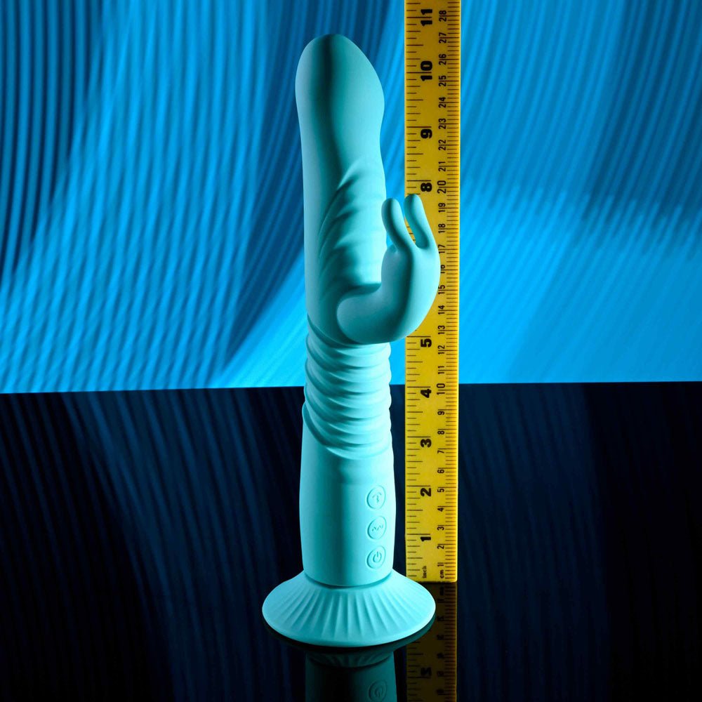 Buy Evolved BUNNY HOP - Teal 25.1 cm USB Rechargeable Thrusting Rabbit Vibrator with Suction Base at Oh Joy. Discover premium sexual toys with discreet shipping at the best price in NZ