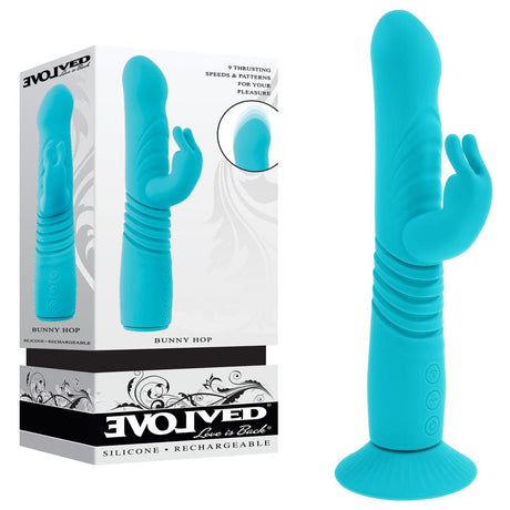 Buy Evolved BUNNY HOP - Teal 25.1 cm USB Rechargeable Thrusting Rabbit Vibrator with Suction Base at Oh Joy. Discover premium sexual toys with discreet shipping at the best price in NZ