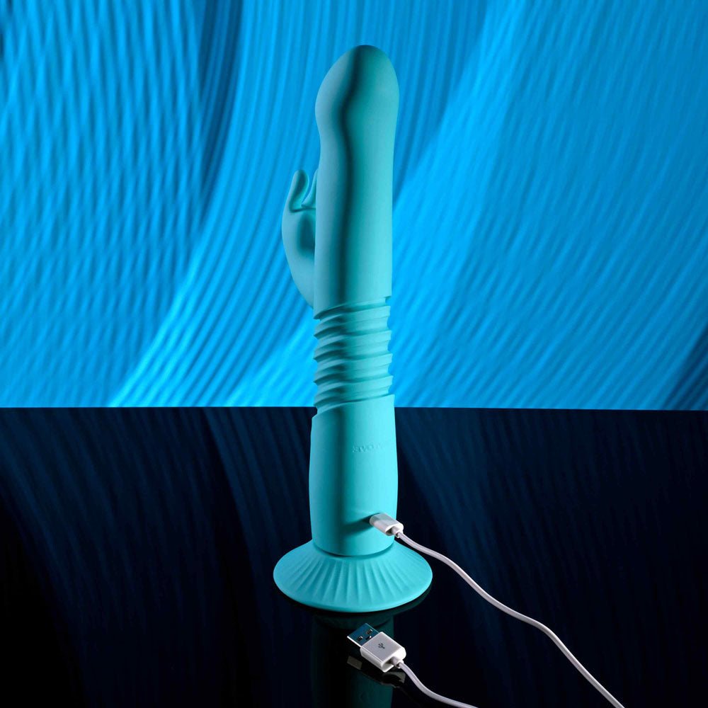 Buy Evolved BUNNY HOP - Teal 25.1 cm USB Rechargeable Thrusting Rabbit Vibrator with Suction Base at Oh Joy. Discover premium sexual toys with discreet shipping at the best price in NZ