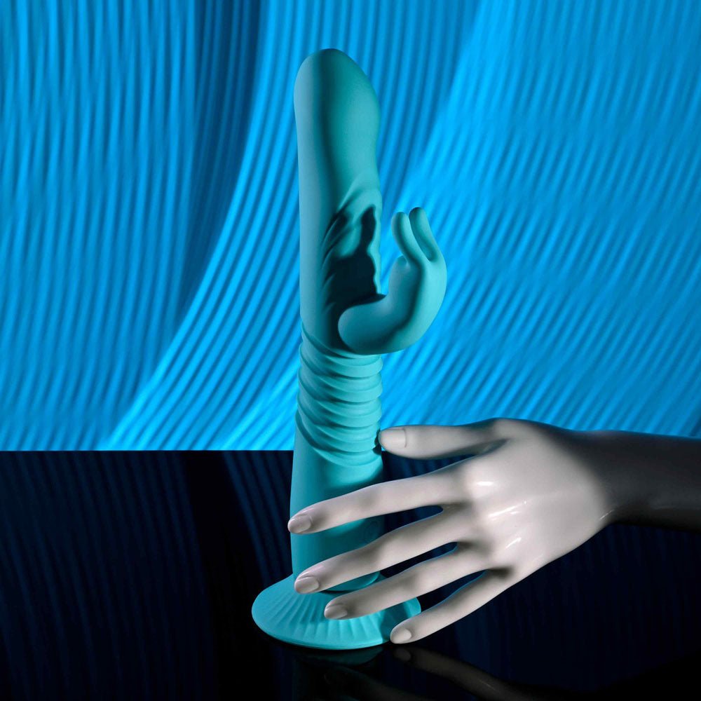 Buy Evolved BUNNY HOP - Teal 25.1 cm USB Rechargeable Thrusting Rabbit Vibrator with Suction Base at Oh Joy. Discover premium sexual toys with discreet shipping at the best price in NZ