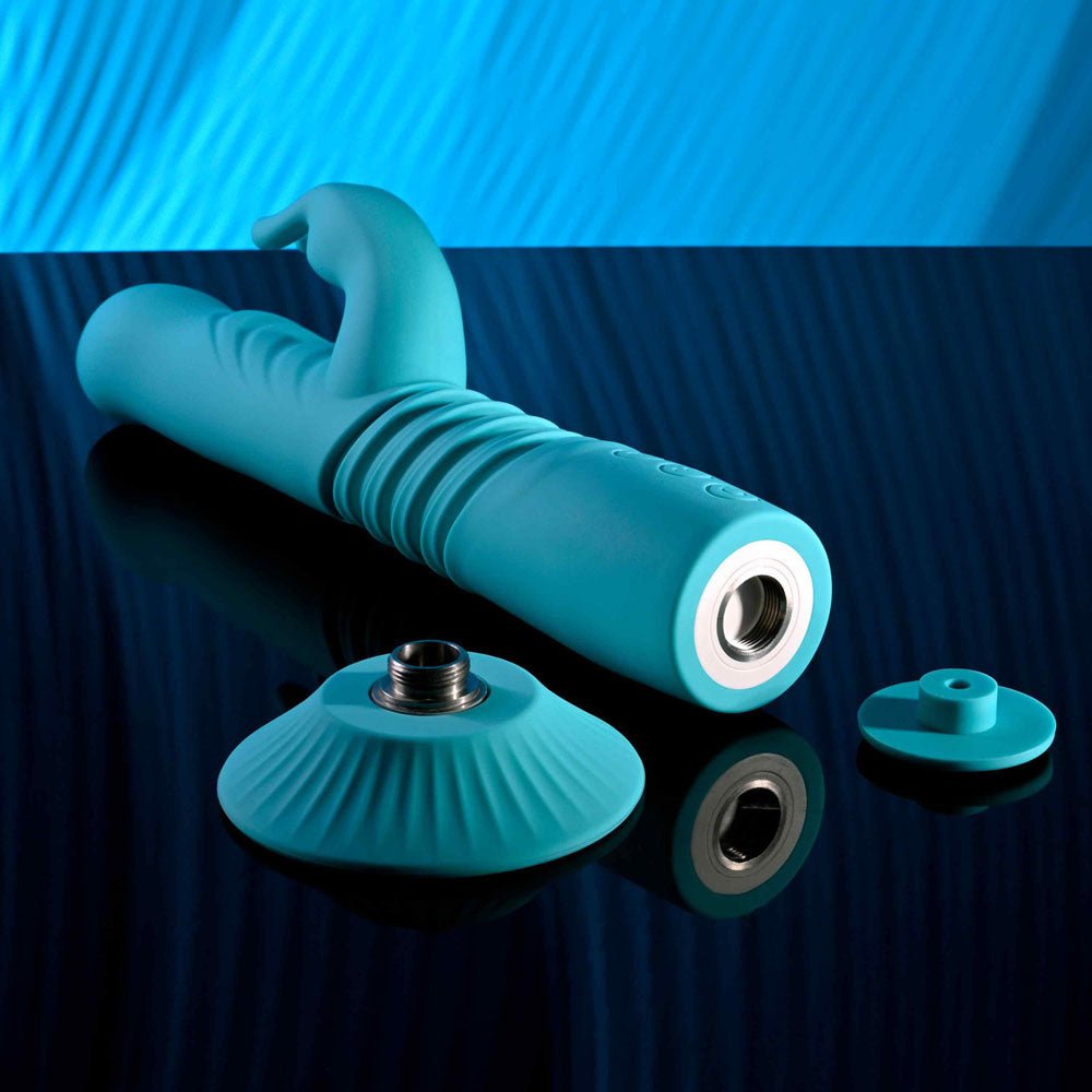 Buy Evolved BUNNY HOP - Teal 25.1 cm USB Rechargeable Thrusting Rabbit Vibrator with Suction Base at Oh Joy. Discover premium sexual toys with discreet shipping at the best price in NZ