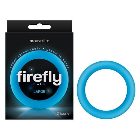 A blue, ring-shaped item and its black packaging feature a glowing blue circle. The text reads Firefly Halo - Glow In Dark Blue Large 60 mm Cock Ring and super stretchable - glows in color with Silicone at the bottom right. This glow-in-the-dark cock ring matches the boxs luminescence.