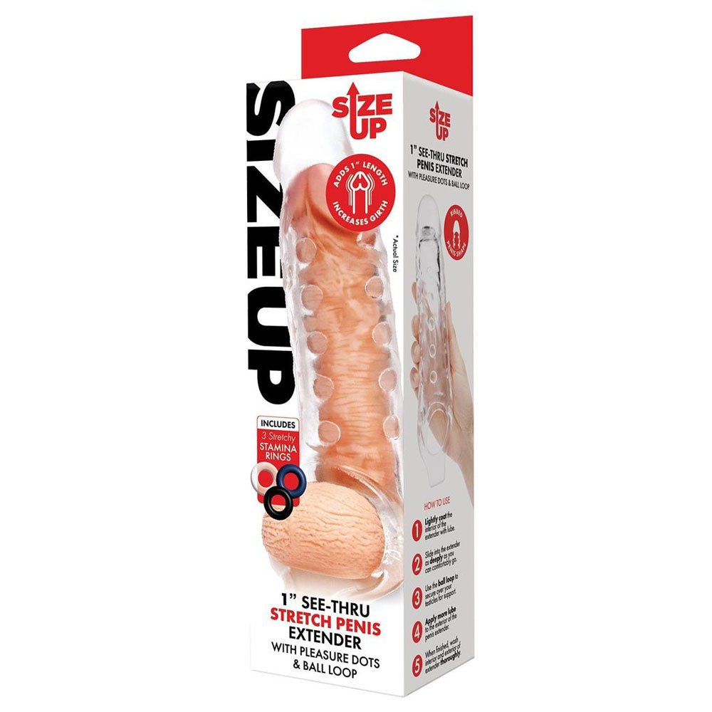 Buy Size Up 1 Inch See - Thru Stretch Penis Extender - Clear 2.5 cm (1'') Penis Extension Sleeve at NZ’s Mega Adult Toys Store. Discover premium sex toys with discreet shipping at the best price in NZ
