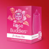 The image features a box for Skins Rose Buddies - The Rose Flix, showcasing a pink, rose-shaped stimulator made of body-safe silicone. The slogan Your Floral Finger of Fun is included, and a QR code at the bottom right offers more information.