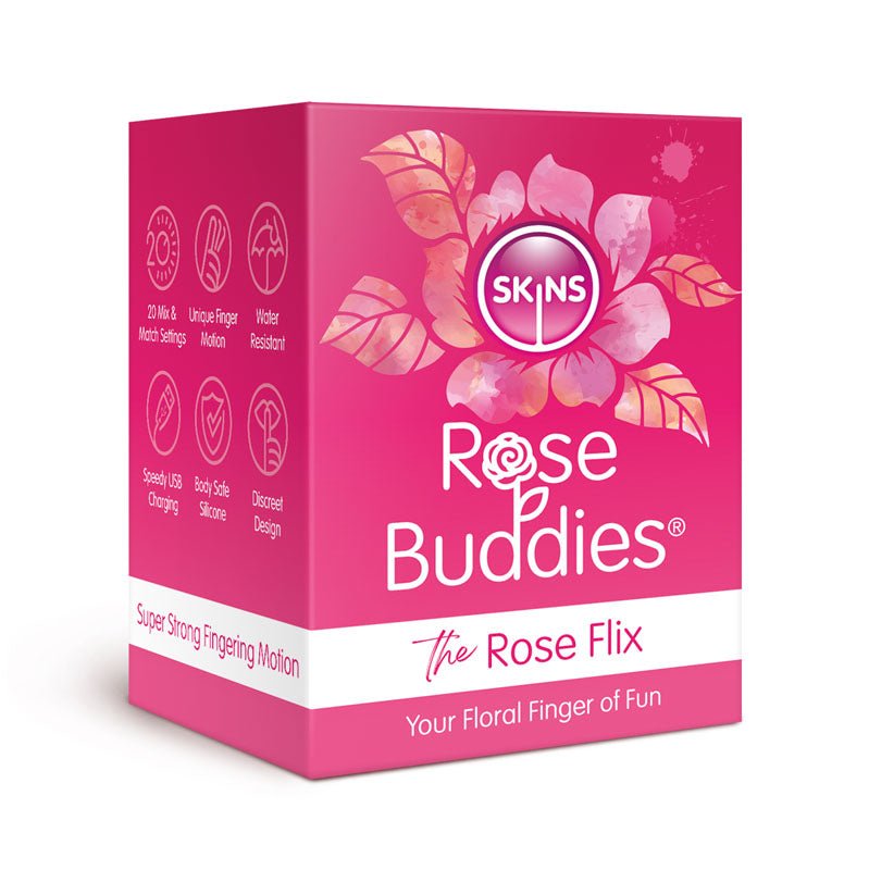 The pink Skins Rose Buddies - The Rose Flix features floral designs, offers 20 modes, water resistance, and a discreet design for clitoral play. Made from body-safe silicone, it promises Your Floral Finger of Fun and a Super Strong Fingering Motion.