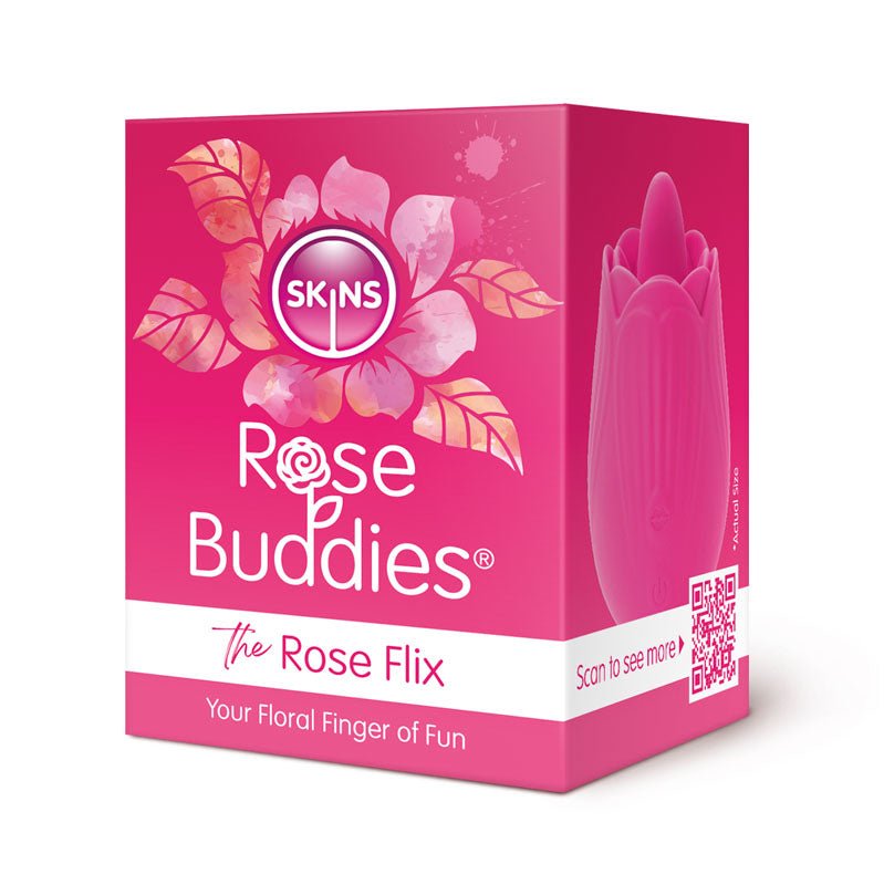 The Skins Rose Buddies logo decorates a pink box with floral graphics. Inside is The Rose Flix: Your Floral Finger of Fun, featuring a body-safe silicone, rose-shaped stimulator. A QR code in the corner provides more details on clitoral play essentials.