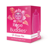 The Skins Rose Buddies logo decorates a pink box with floral graphics. Inside is The Rose Flix: Your Floral Finger of Fun, featuring a body-safe silicone, rose-shaped stimulator. A QR code in the corner provides more details on clitoral play essentials.