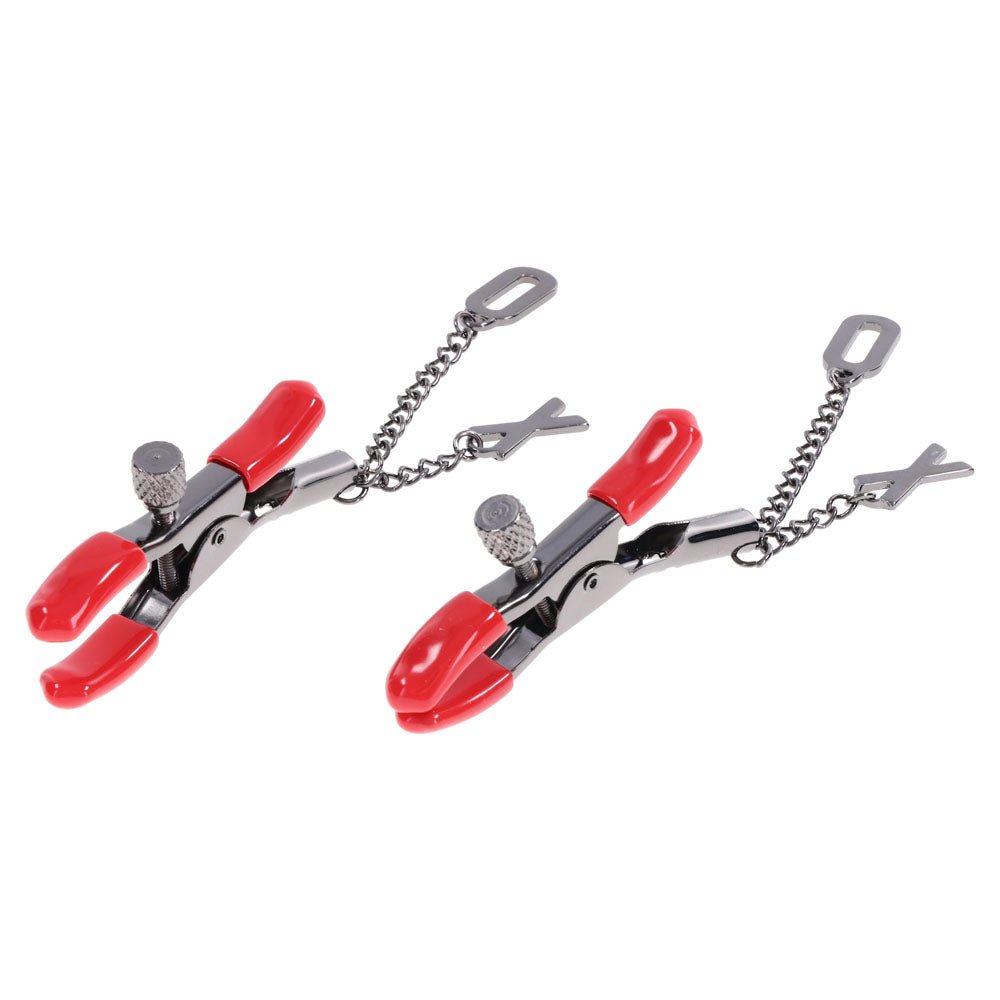 Buy S&M Exs & Ohs Nipple Clamps - Red Tipped Metal Nipple Clamps - Set of 2 at Oh Joy. Discover premium sexual toys with discreet shipping at the best price in NZ